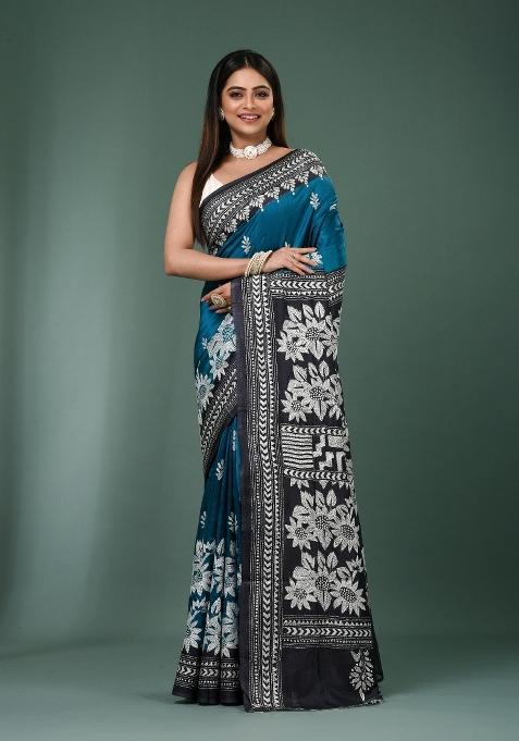 Teal Printed Silk Saree Set