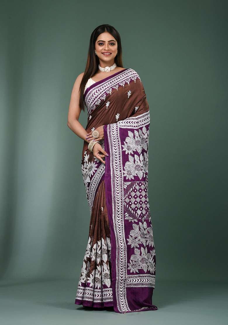 Coffee Brown Printed Silk Saree Set - Indya