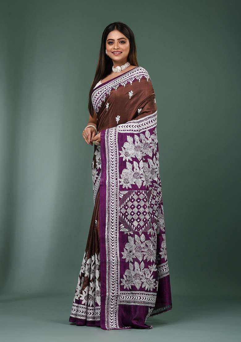 Coffee Brown Printed Silk Saree Set - Indya