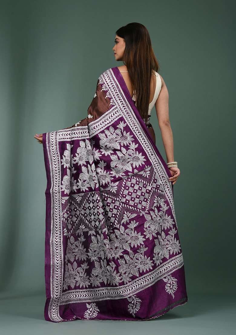 Coffee Brown Printed Silk Saree Set - Indya