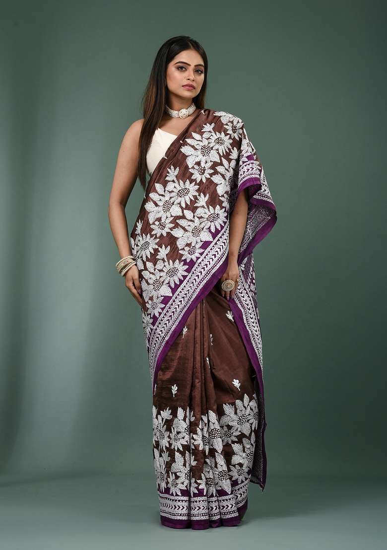 Coffee Brown Printed Silk Saree Set - Indya