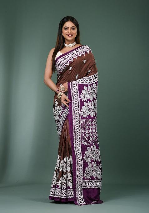 Coffee Brown Printed Silk Saree Set