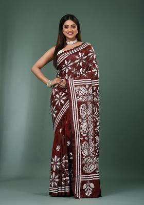 Maroon Printed Silk Saree Set