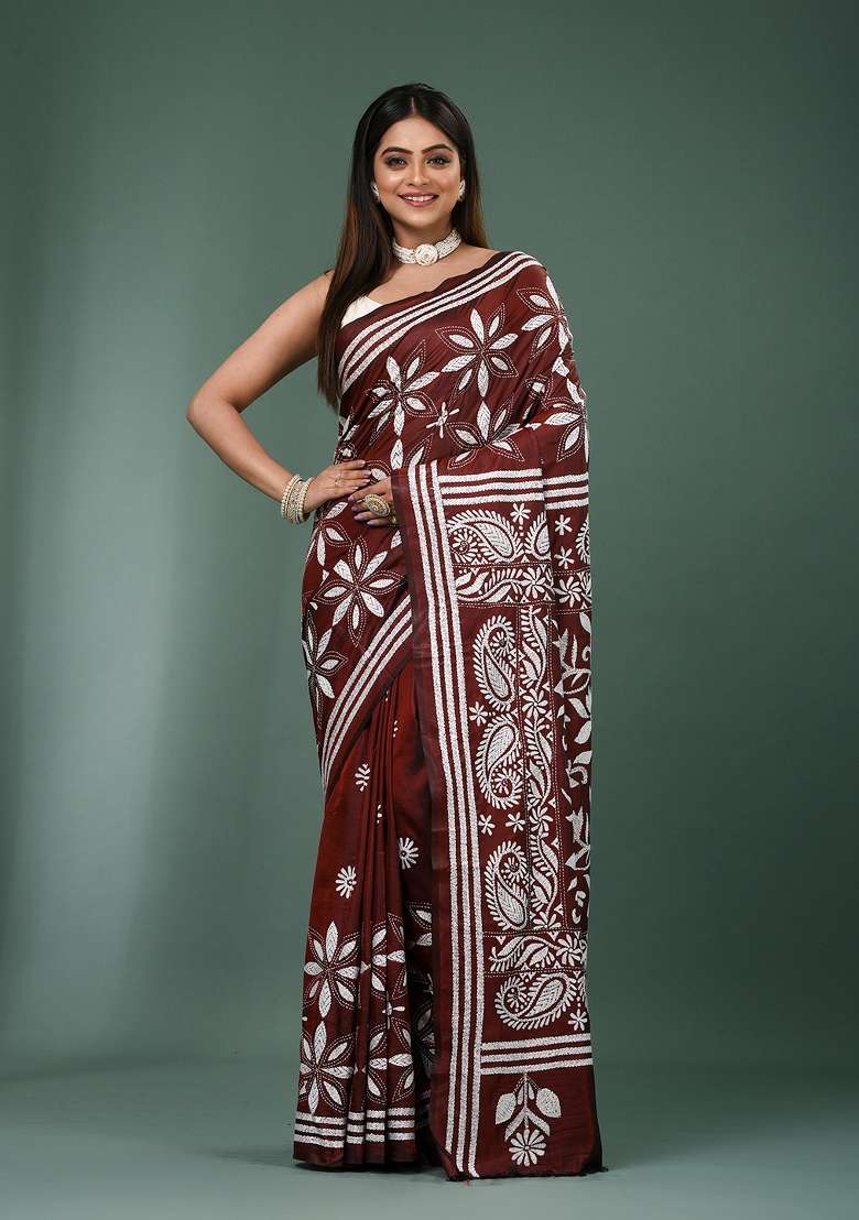 Maroon Printed Silk Saree Set - Indya
