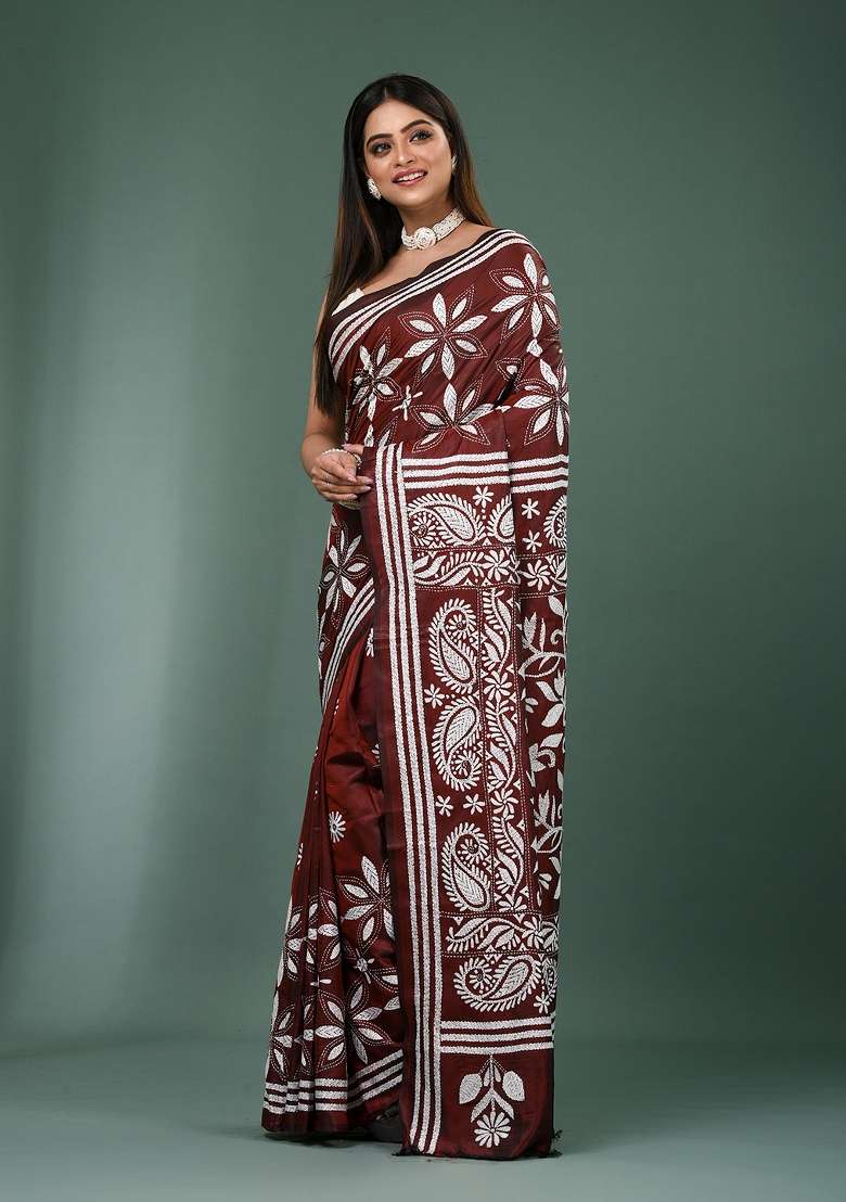 Maroon Printed Silk Saree Set - Indya