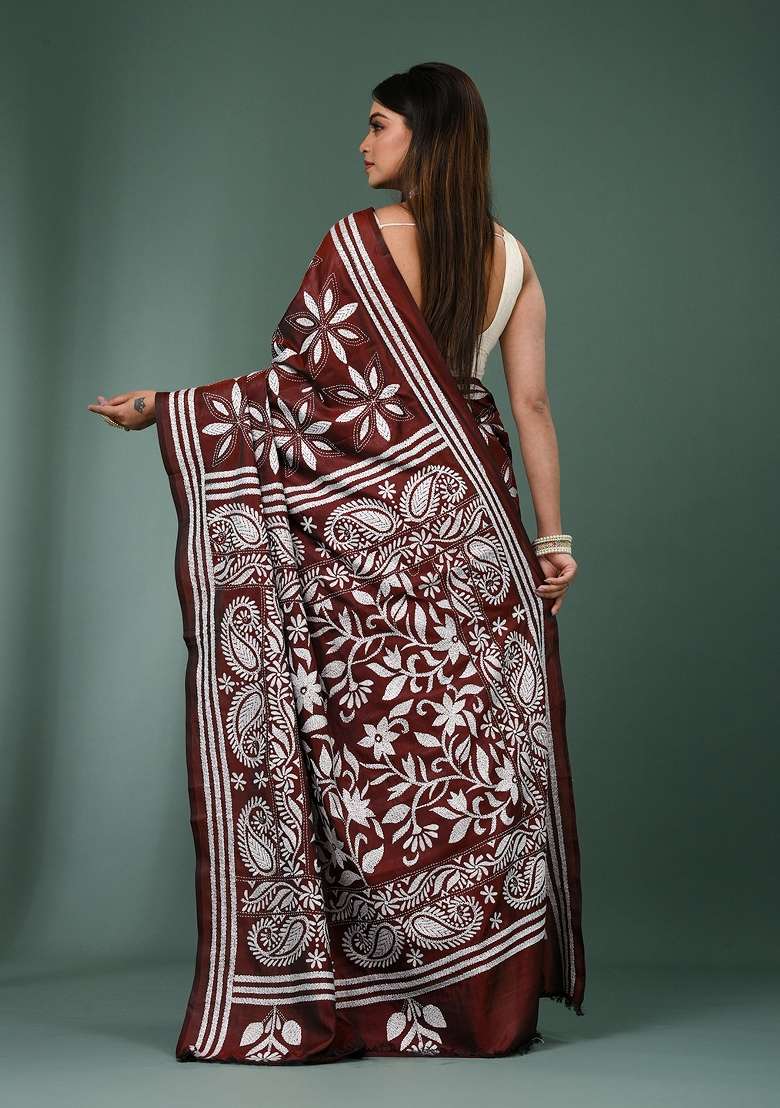 Maroon Printed Silk Saree Set - Indya