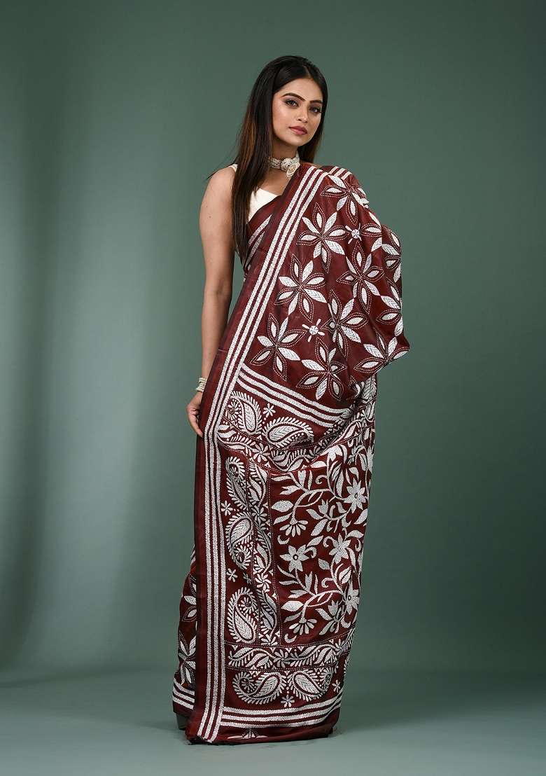 Maroon Printed Silk Saree Set - Indya