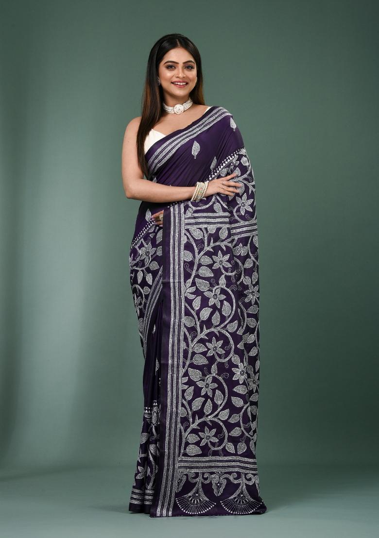Violet Printed Silk Saree Set