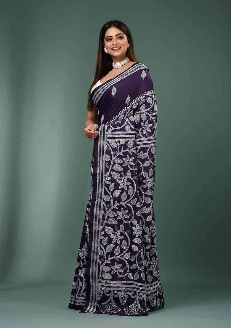 Violet Printed Silk Saree Set