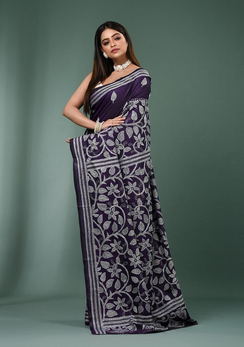 Violet Printed Silk Saree Set