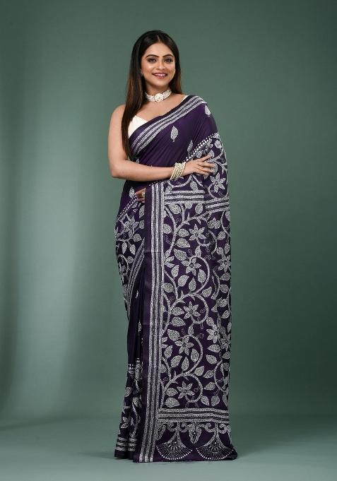 Violet Printed Silk Saree Set