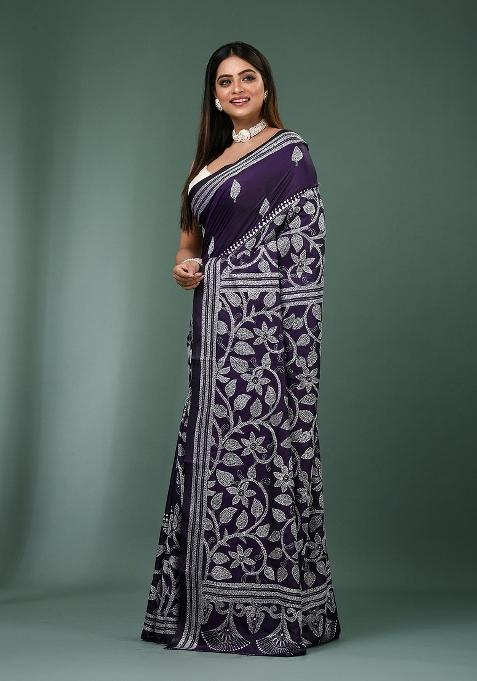 Violet Printed Silk Saree Set