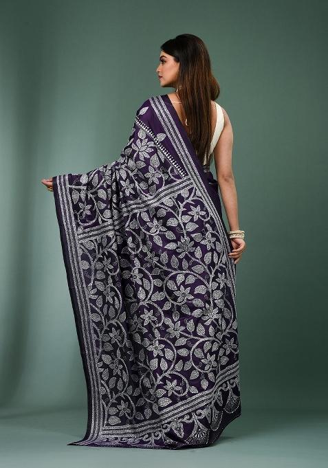 Violet Printed Silk Saree Set