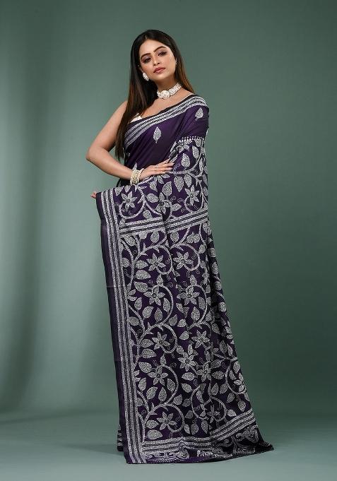 Violet Printed Silk Saree Set
