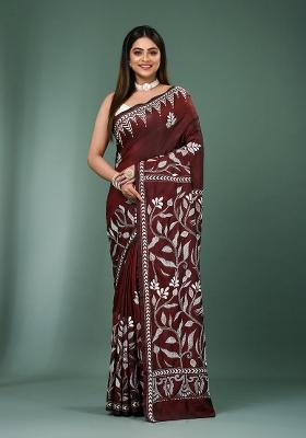 Coffee Brown Printed Silk Saree Set