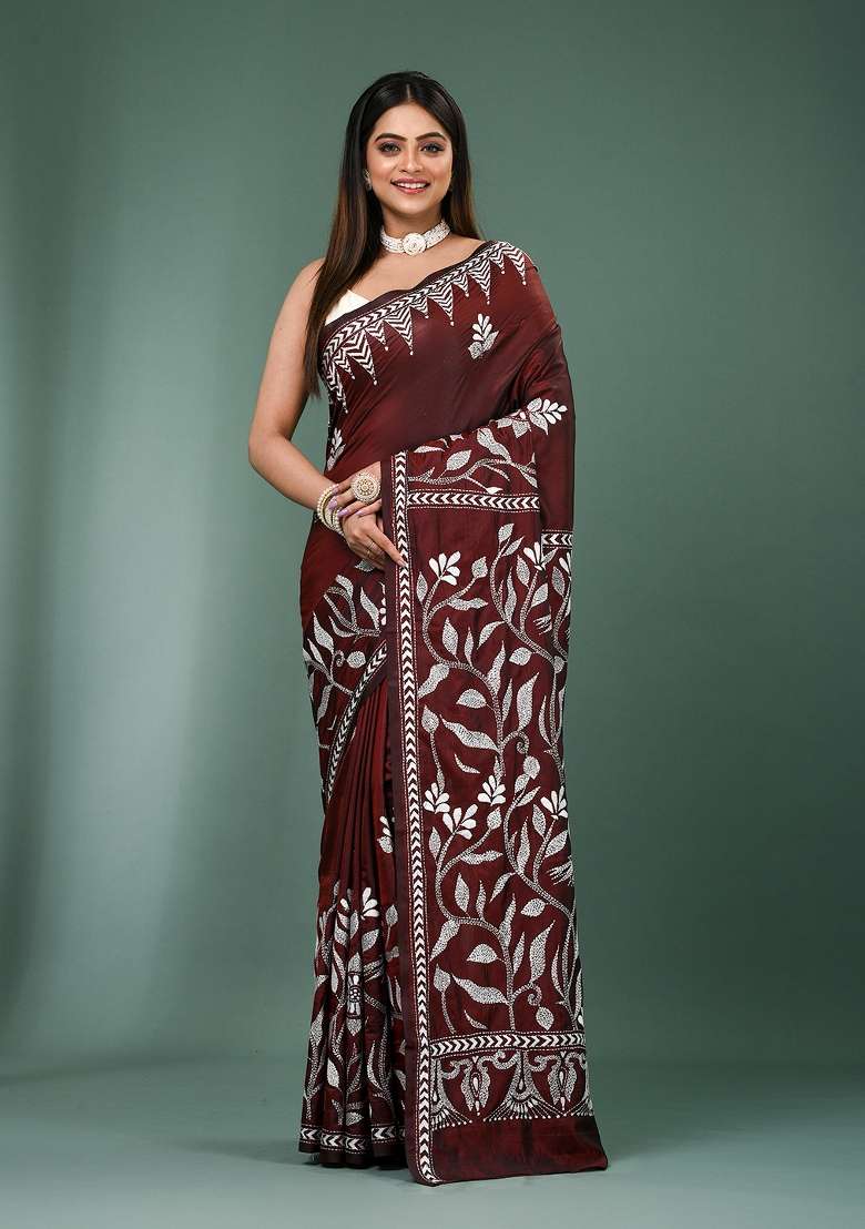 Coffee Brown Printed Silk Saree Set - Indya