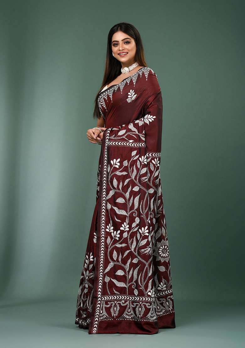 Coffee Brown Printed Silk Saree Set - Indya