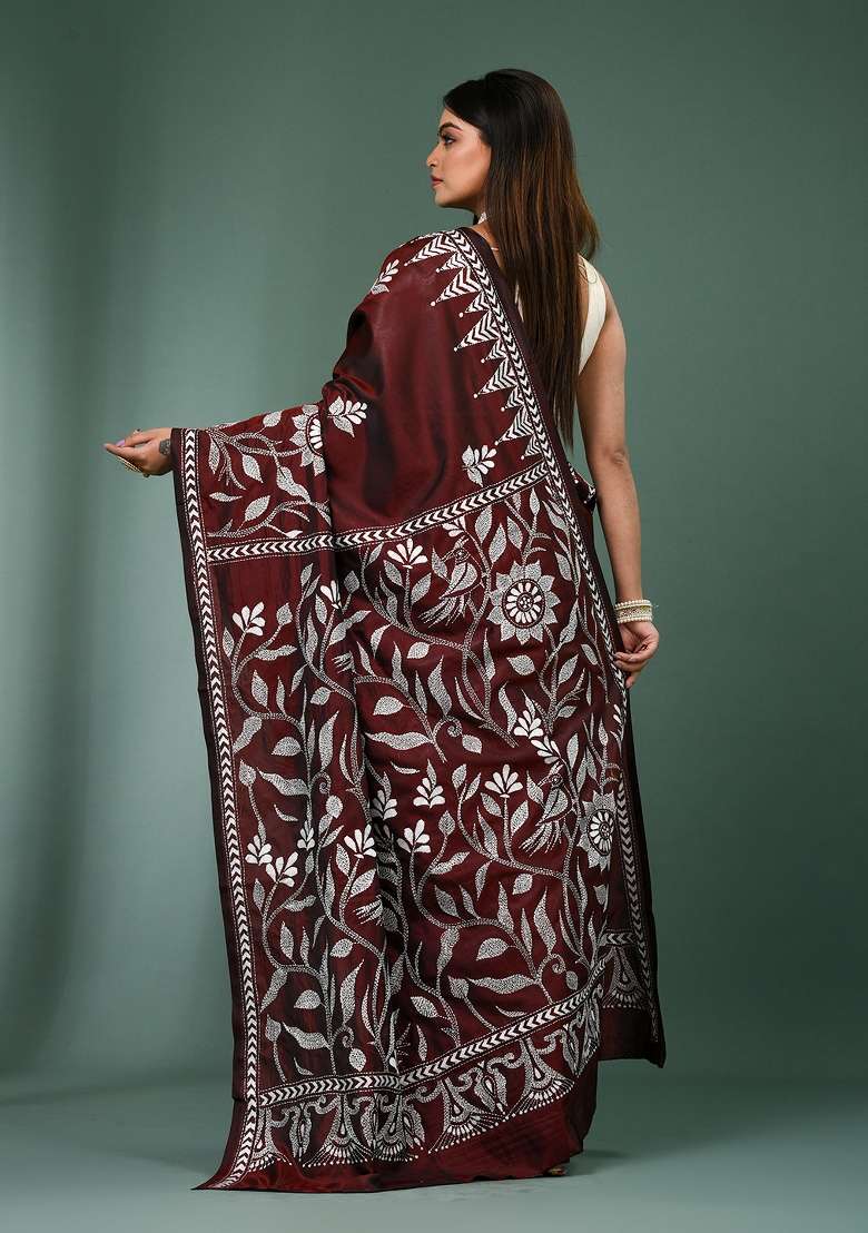 Coffee Brown Printed Silk Saree Set - Indya