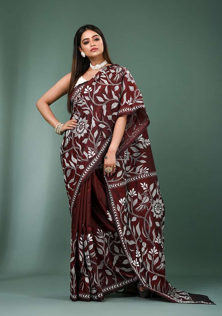 Coffee Brown Printed Silk Saree Set - Indya