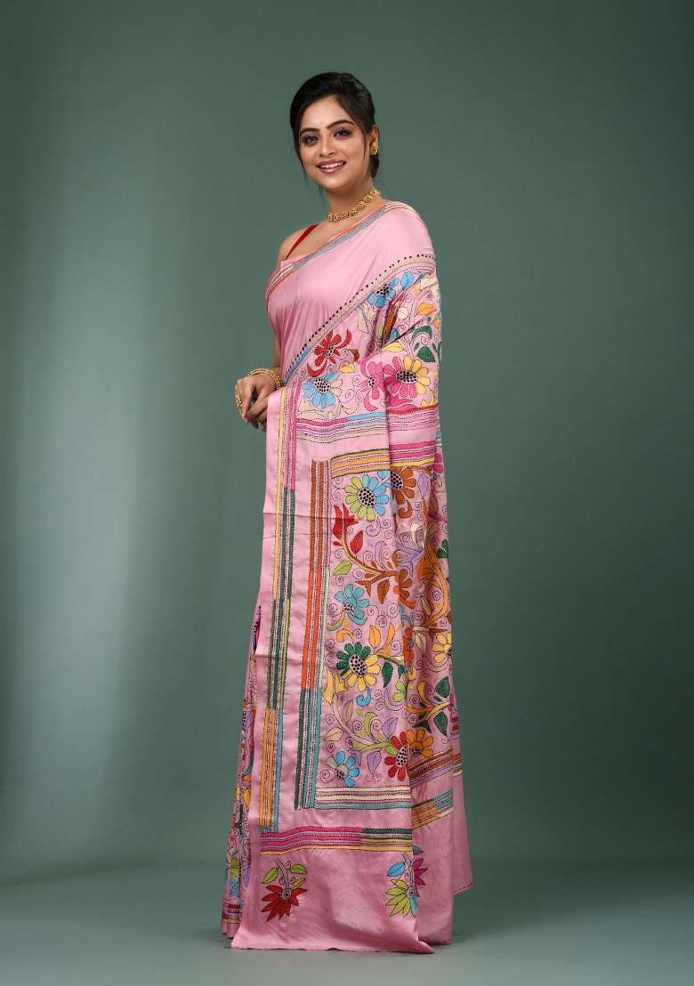 Pink Printed Silk Saree Set - Indya