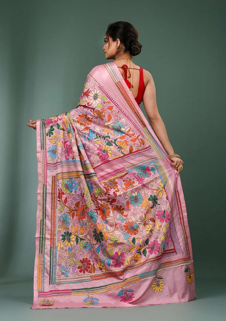 Pink Printed Silk Saree Set - Indya