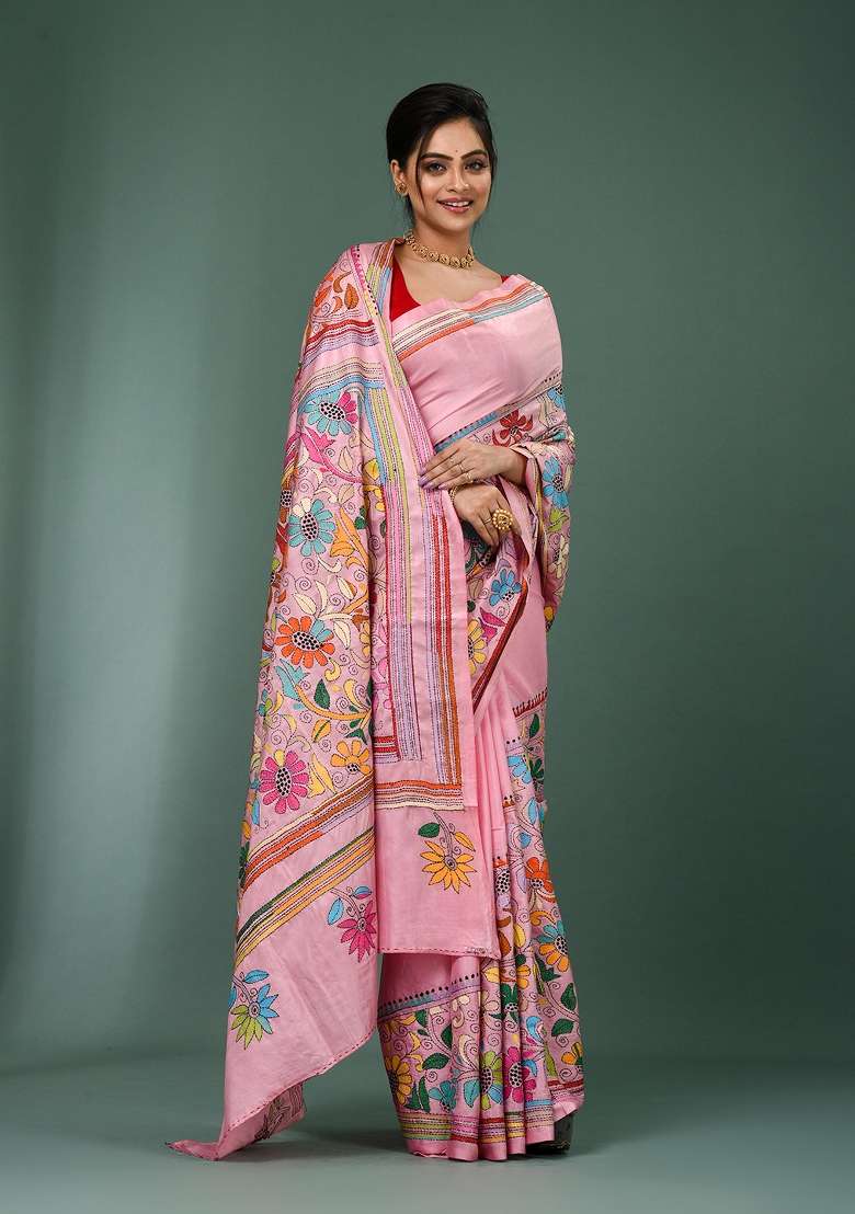 Pink Printed Silk Saree Set - Indya