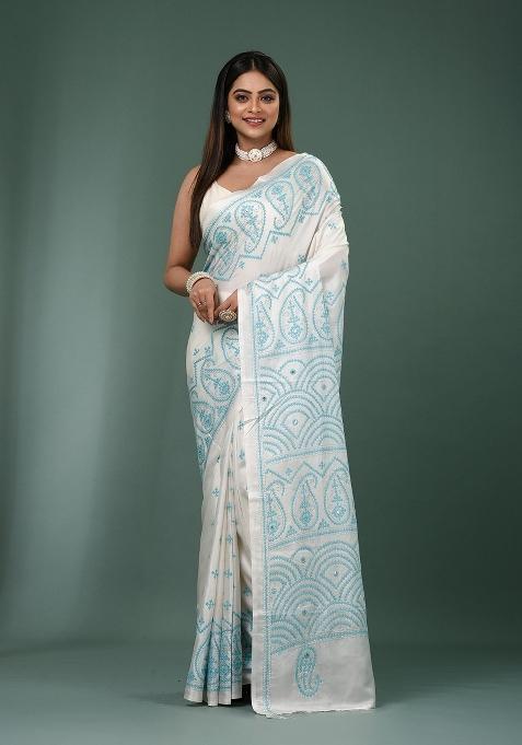 White Printed Silk Saree Set
