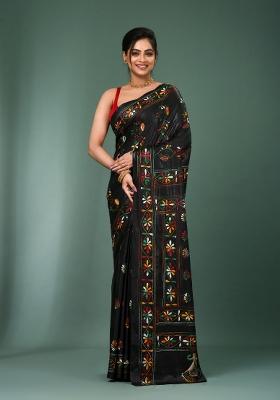 Black Printed Silk Saree Set