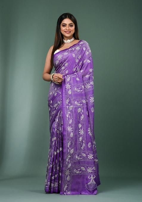 Mouve Printed Silk Saree Set