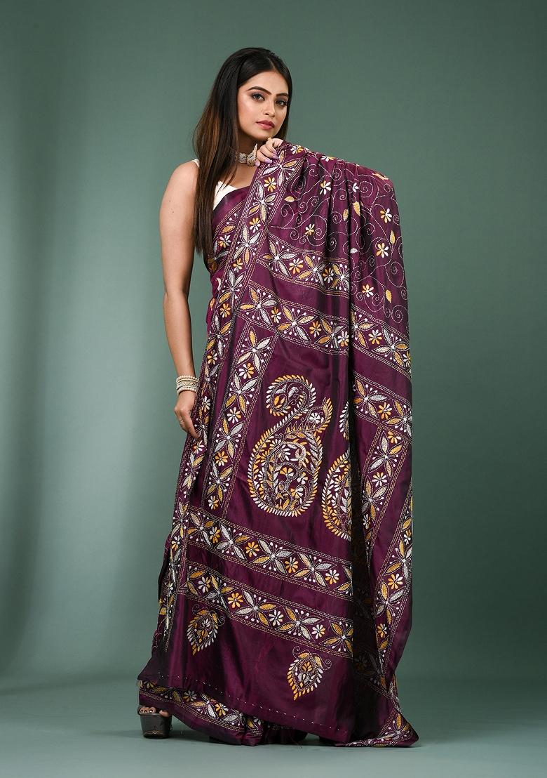 Magenta Printed Silk Saree Set - Indya