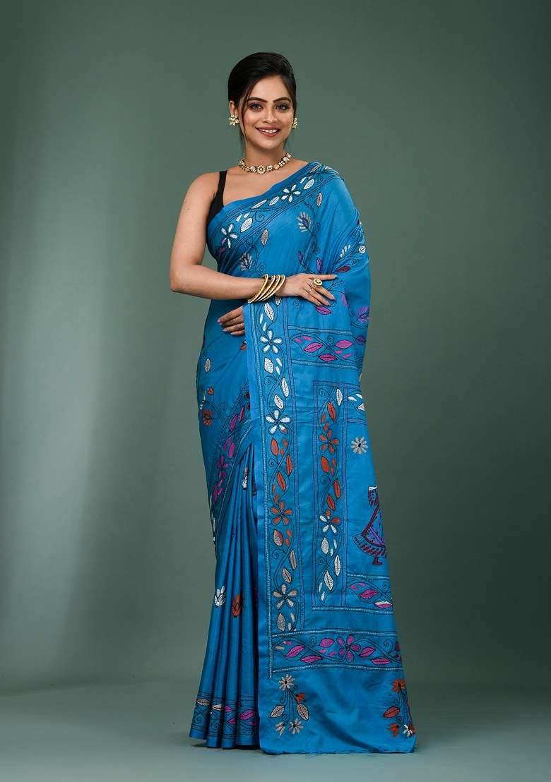 Blue Printed Silk Saree Set - Indya