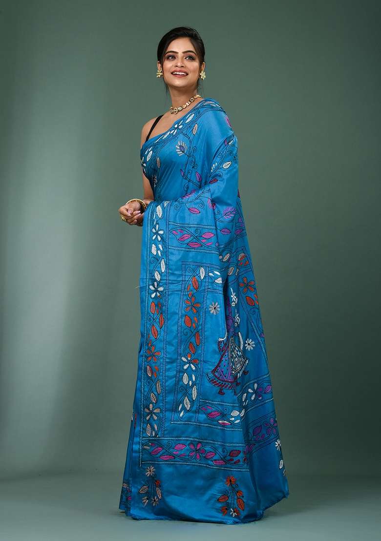 Blue Printed Silk Saree Set - Indya