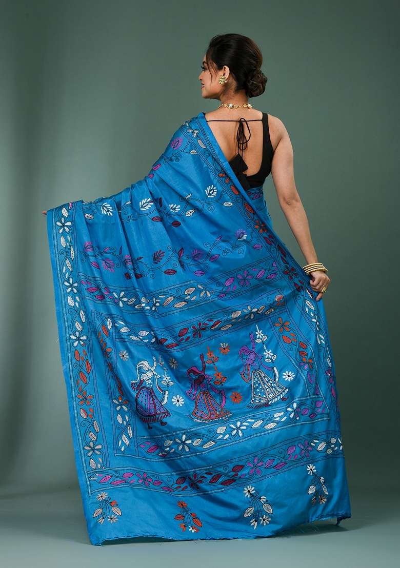 Blue Printed Silk Saree Set - Indya