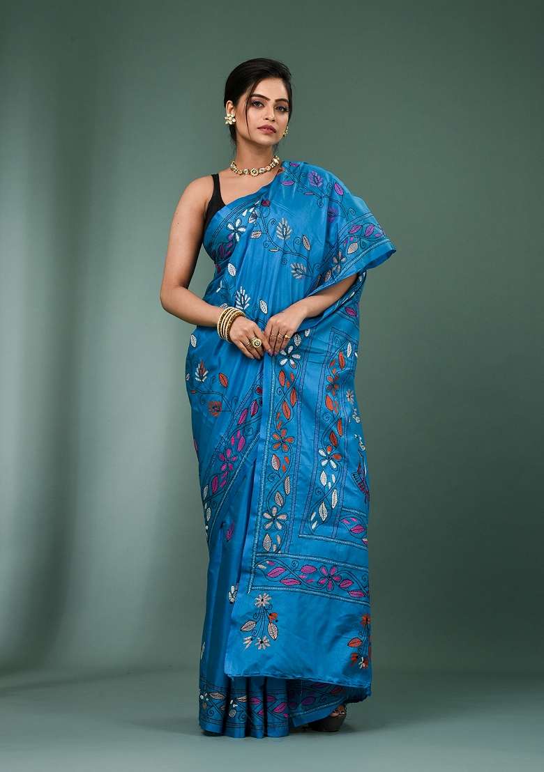 Blue Printed Silk Saree Set - Indya
