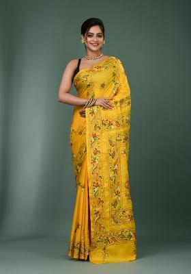 Yellow Printed Silk Saree Set