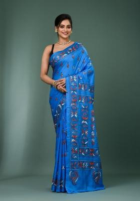 Blue Printed Silk Saree Set