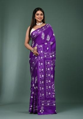 Purple Printed Silk Saree Set