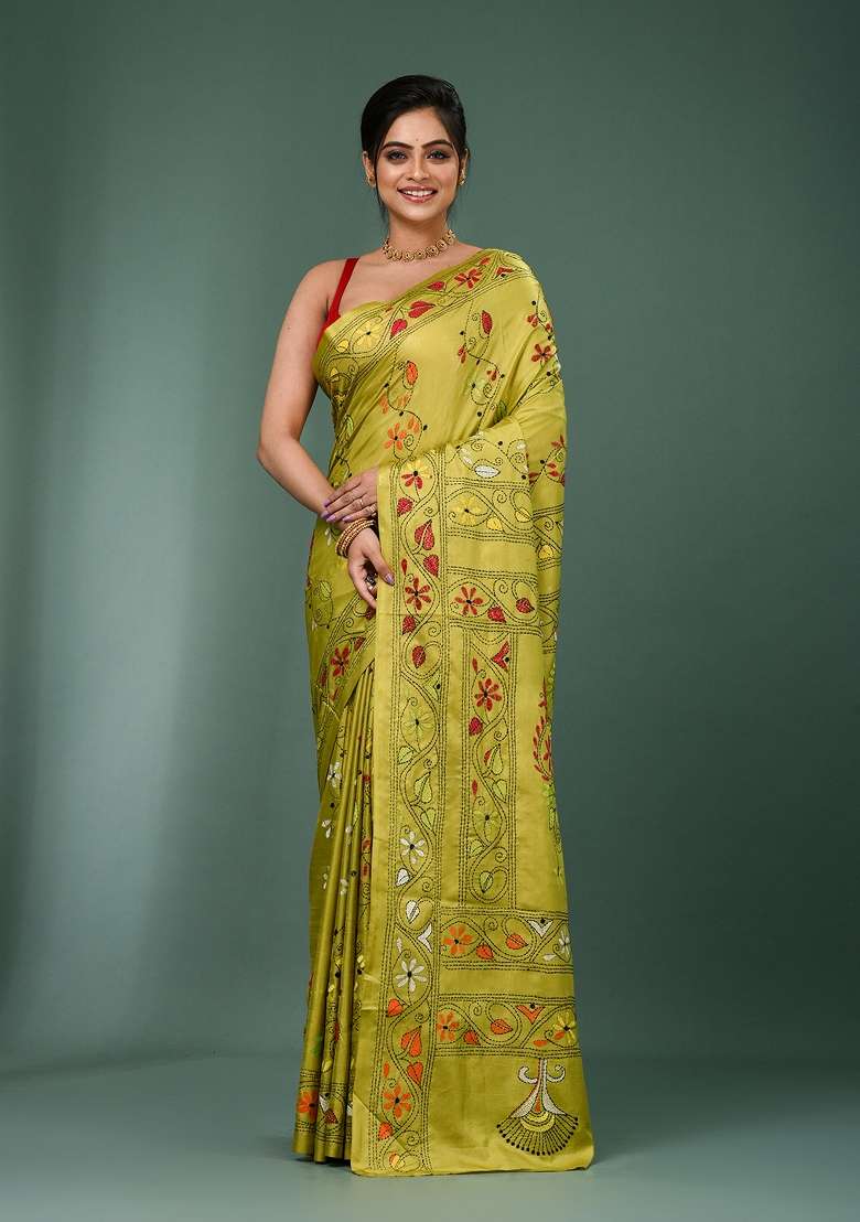 Lime Green Printed Silk Saree Set - Indya