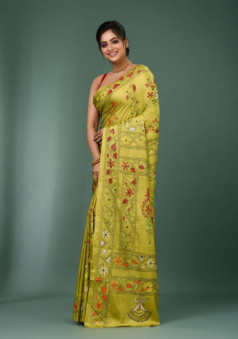 Lime Green Printed Silk Saree Set - Indya