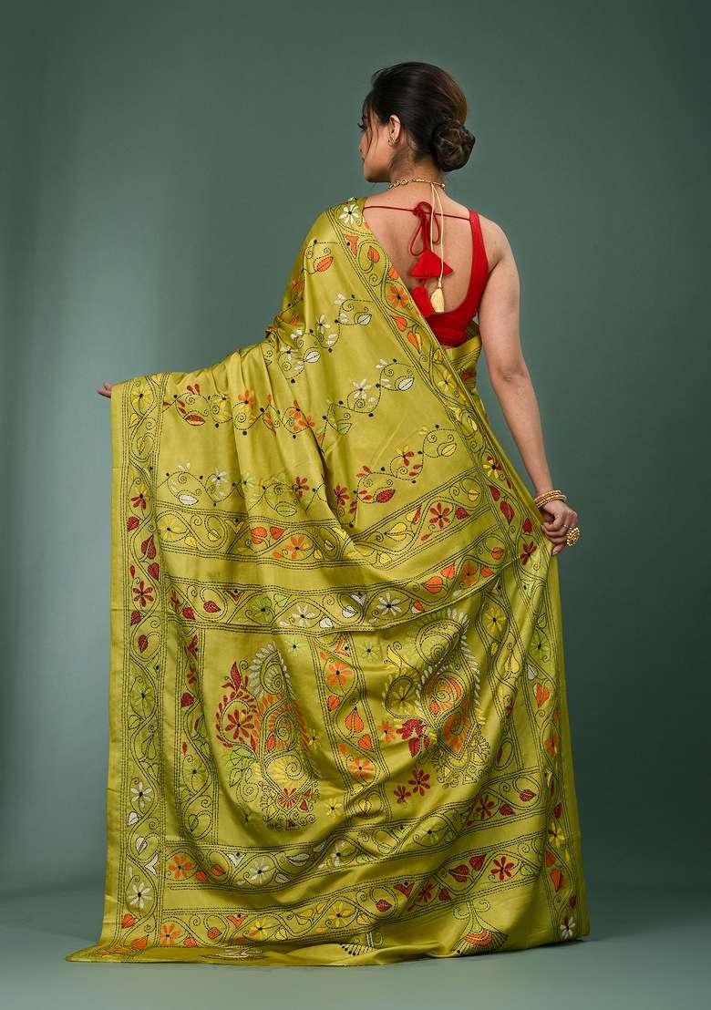 Lime Green Printed Silk Saree Set - Indya