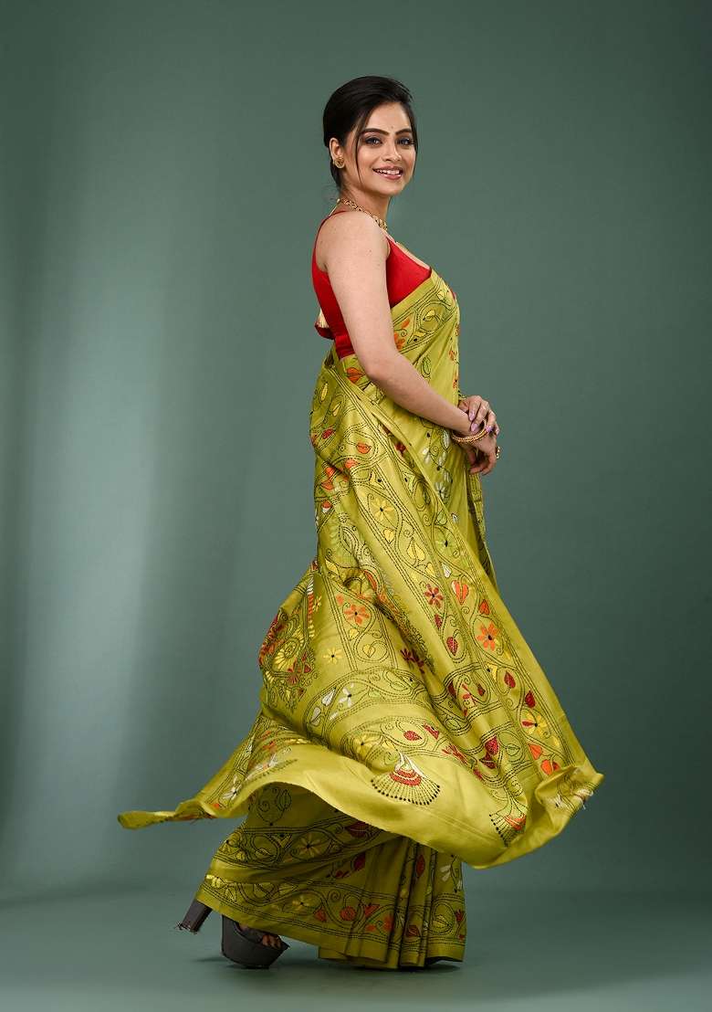 Lime Green Printed Silk Saree Set - Indya