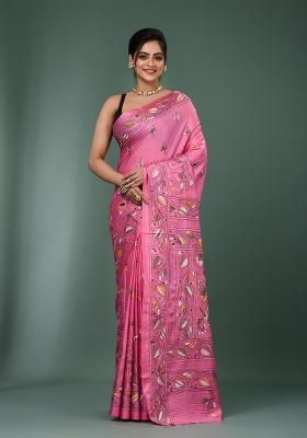 Pink Printed Silk Saree Set