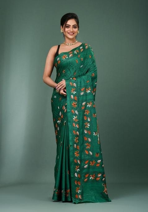Green Printed Silk Saree Set