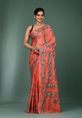 Peach Printed Silk Saree Set
