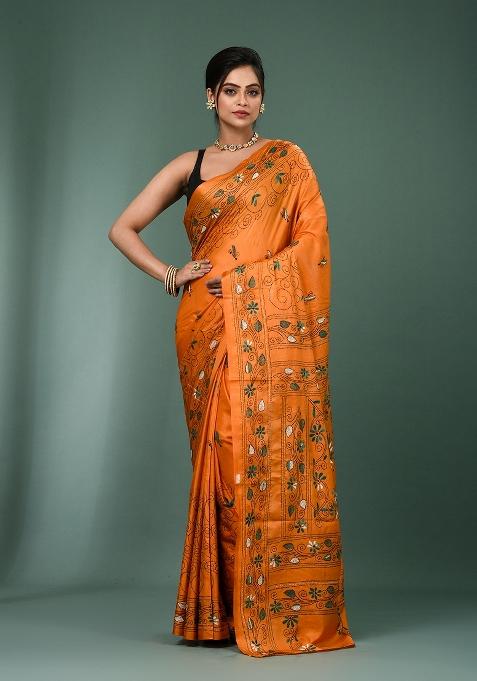Mustered Printed Silk Saree Set