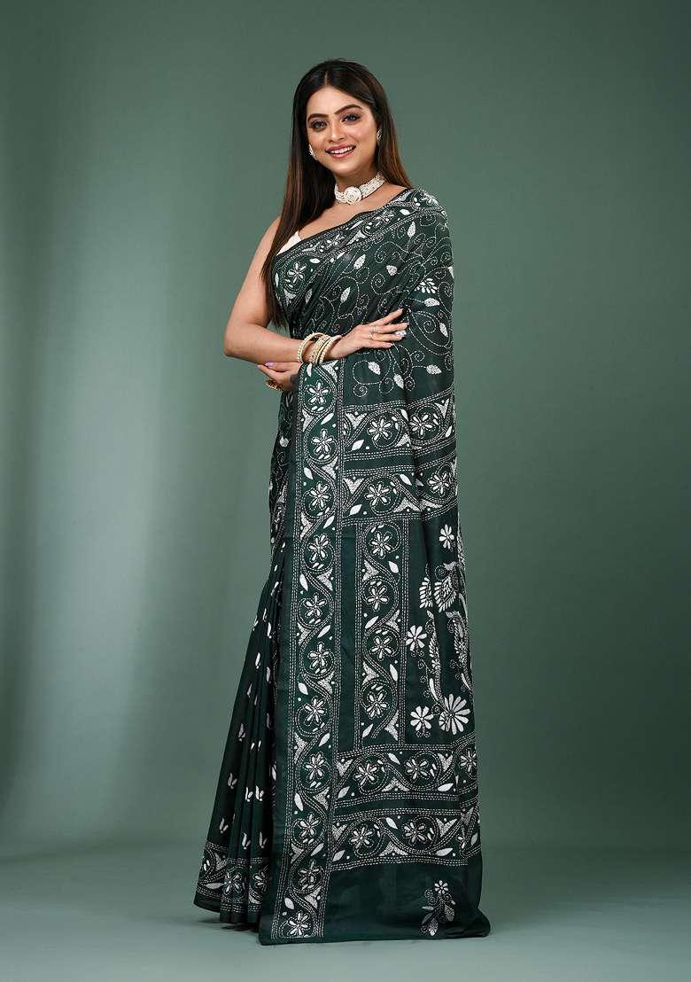 Green Printed Silk Saree Set - Indya