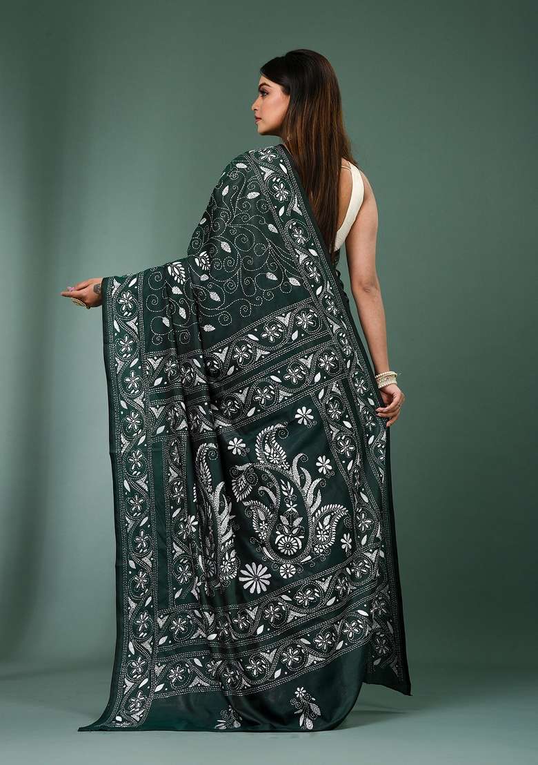 Green Printed Silk Saree Set - Indya