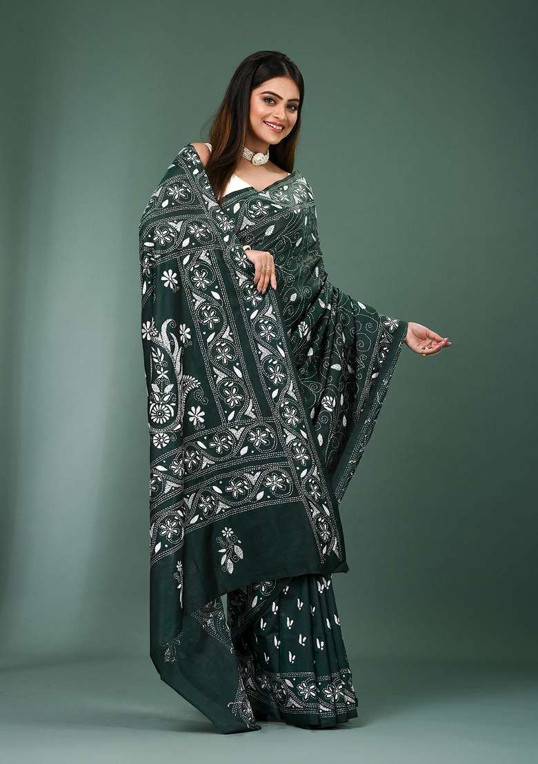 Green Printed Silk Saree Set - Indya