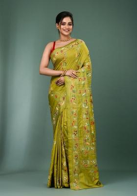 Lime Green Printed Silk Saree Set
