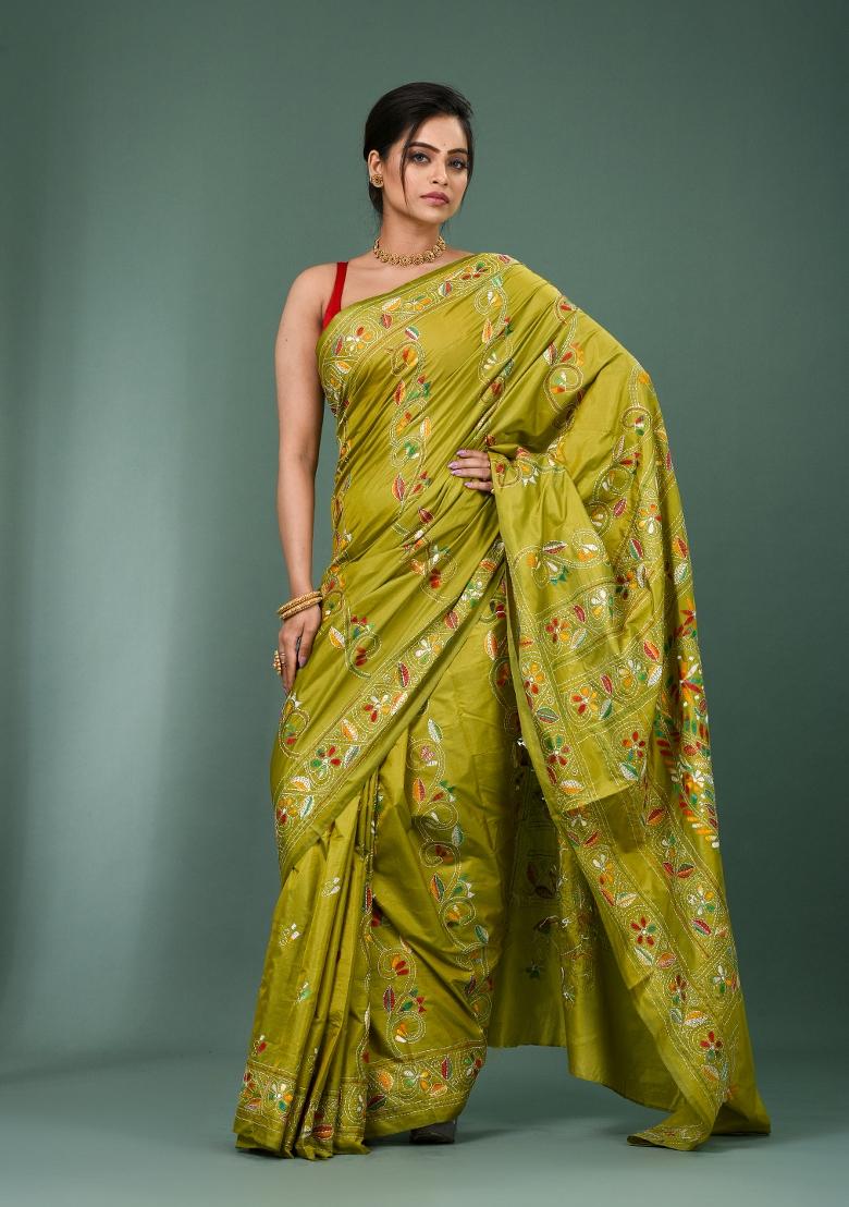 Lime Green Printed Silk Saree Set - Indya